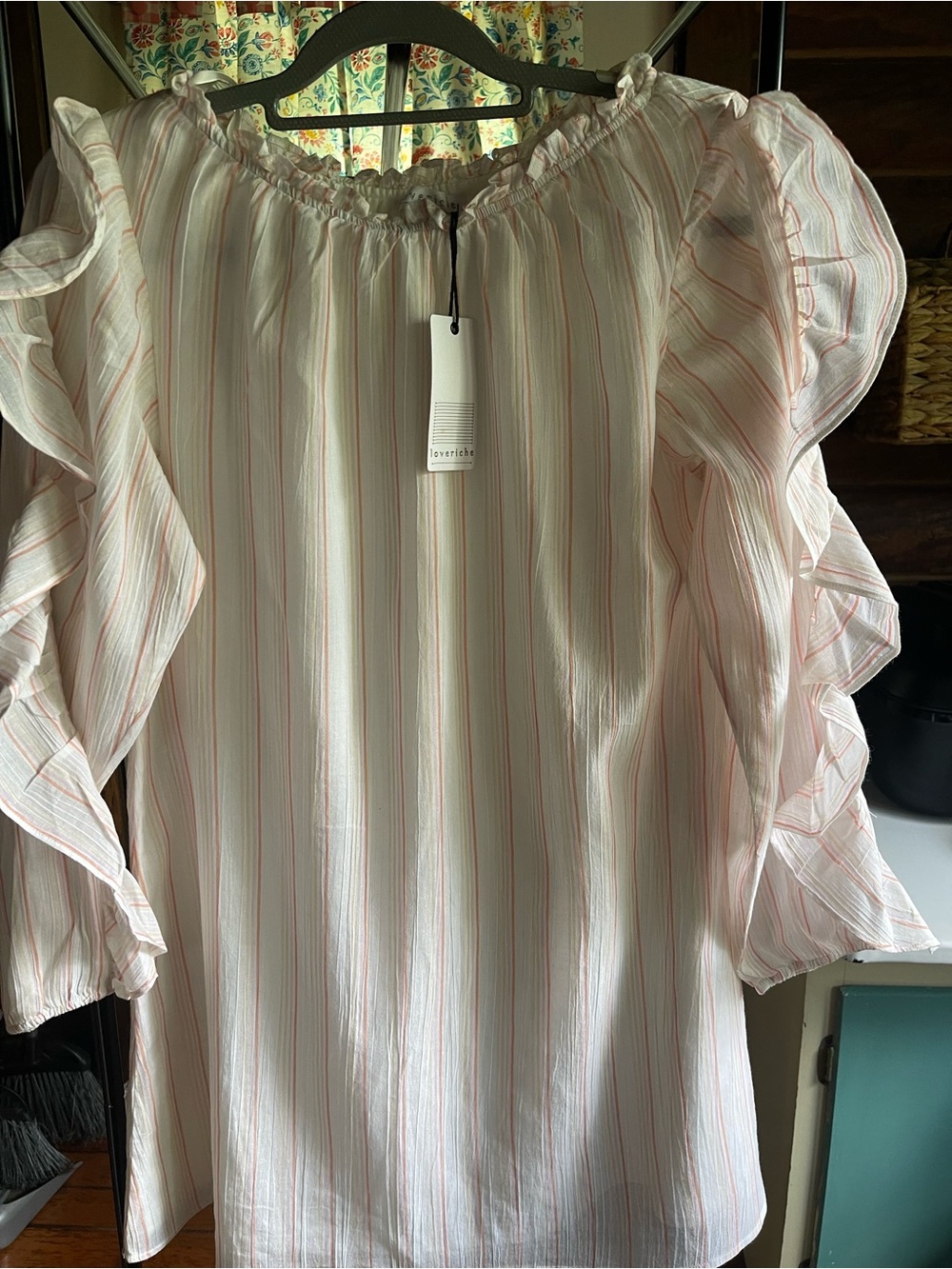 Love Riche White Blouse with Pink Stripes and Ruffle Sleeves
